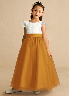 Azazie Pookie Flower Girl Dresses Butterscotch A-Line Lace Tulle Dress image1