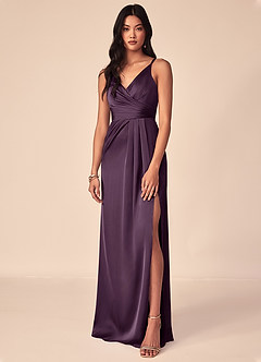 Azazie Aqua Bridesmaid Dresses Plum A-Line V-Neck Pleated Stretch Satin Dress image1