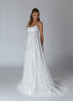 Azazie Alondra Wedding Dresses Diamond White A-Line Lace Tulle Dress image4