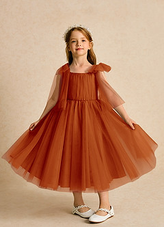 Azazie Dori Robe Demoiselle D'honneur Fillette Robe Trapèze en Tulle Rayé Paprika image6