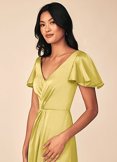 Azazie Soren Bridesmaid Dresses Canary A-Line Pleated Stretch Satin Dress image7