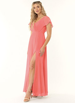 Azazie Rylee Bridesmaid Dresses Coral A-Line Pleated Chiffon Dress image3