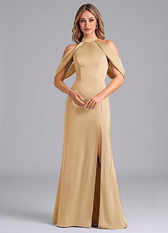 Azazie Bonny Bridesmaid Dresses Gold Mermaid Off the Shoulder Stretch Satin Dress image4