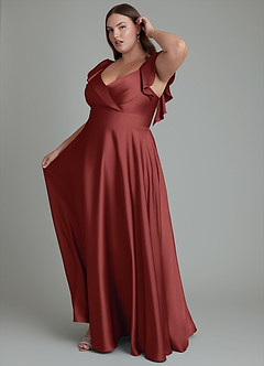 Azazie Leilani Robes de demoiselle d'honneur Robe Trapèze en Satin extensible Drapé Terracotta image5