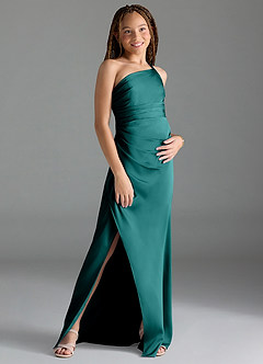Azazie Eren Junior Peacock Sheath Pleated Stretch Satin Dress image3