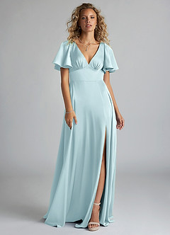 Azazie Kimber Bridesmaid Dresses Cloud Blue A-Line Ruched Stretch Satin Dress image3