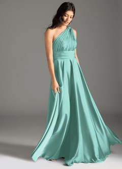 Azazie Charlize Bridesmaid Dresses Aqua A-Line One Shoulder Stretch Satin Dress image3