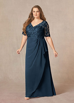 Azazie Amedeus vestidos de madre de la novia Vestido Azul Marino Oscuro de Gasa de Corte en A con Encaje cuello pico image8
