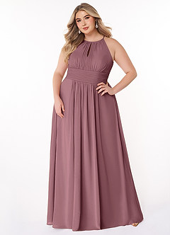 Azazie Bonnie Vestidos de damas de honor Vestido Amatista de Gasa de Línea A con Cuello de pico fruncido image6