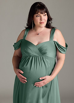 Azazie Rhea Robes de demoiselle d'honneur de maternité Robe Trapèze Épaule nue plissée Longueur ras du sol Satin extensible image12