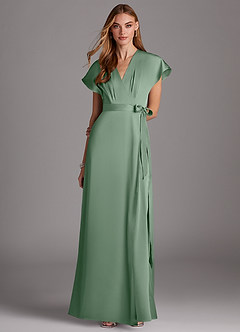 Azazie Nico Bridesmaid Dresses Matcha A-Line V-Neck Stretch Satin Dress image1