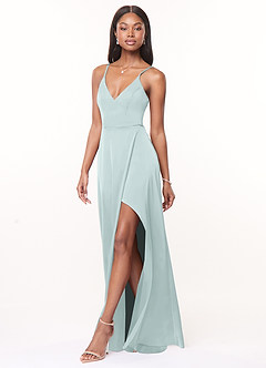 Azazie Maksim Bridesmaid Dresses Mist A-Line V-Neck Stretch Satin Dress image4