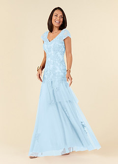 Azazie Romy Mother of the Bride Dresses Sky Blue Mermaid V-Neck Sequins Tulle Dress image2