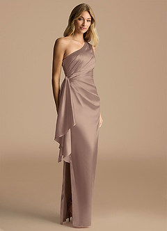 Azazie Saira Final Sale Taupe Sheath One Shoulder Metallic Satin Dress image5