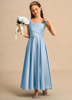 Azazie Bundle Girls Formal Flower Girl Dresses Powder Blue A-Line Pleated Matte Satin Dress image4