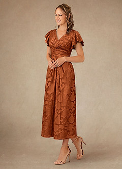 Azazie Vera Mother of the Bride Dresses Burnt Orange A-Line Pleated Floral Burnout Dress image2