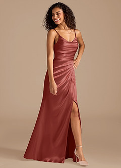 Azazie Deandra Bridesmaid Dresses Terracotta Mermaid Pleated Metallic Satin Dress image2