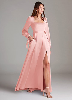 Azazie Leonia Bridesmaid Dresses Powder Pink A-Line Long Sleeve Stretch Satin Dress image4