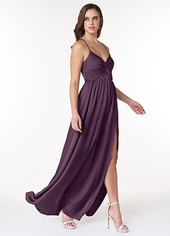 Azazie Raya Bridesmaid Dresses Plum A-Line V-Neck Pleated Stretch Satin Dress image4