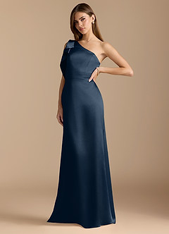 Azazie Rinna Brautjungfernkleider Meerjungfrau-Linie Gestreift Metallischer Satin Kleid Dunkelmarine image4