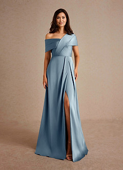 Azazie Milton Mother of the Bride Dresses Dusty Blue A-Line Pleated Stretch Satin Dress image7