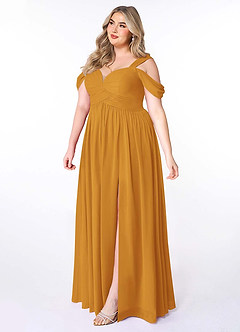 Azazie Lianne Bridesmaid Dresses Butterscotch A-Line Off the Shoulder Chiffon Dress image10