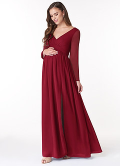 Azazie Teton Maternity Bridesmaid Dresses A-Line Long Sleeve Chiffon Floor-Length Dress image3