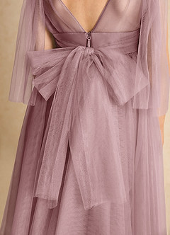 Azazie Dori Robe Demoiselle D'honneur Fillette Robe Trapèze en Tulle Rayé Rose Poussiéreuse image7