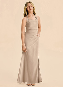 Azazie Destiny Junior Taupe Sheath Ruched Chiffon Dress image5