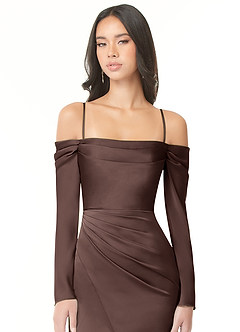 Azazie Hallie Abiti da Damigella Abito Convertibile Sirena in Raso Elasticizzato Manica lunga con spalle scoperte Ganache image2