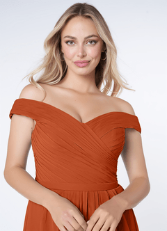 Azazie Audrianna Brautjungfernkleider Wandelbar A-Linie Schulterfrei gerafft Chiffon Kleid Gebranntes Orange image5