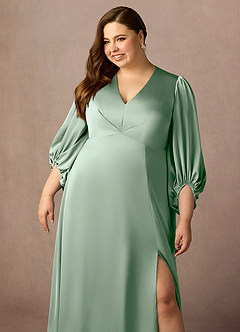 Azazie Luna Mother of the Bride Dresses Agave A-Line Pleated Stretch Satin Dress image6