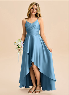 Azazie Eirlys Junior A-Linie Plissee Stretch-Satin Kleid Stahlblau image1