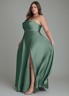 Azazie Elle Bridesmaid Dresses Eucalyptus A-Line Pleated Stretch Satin Dress image14