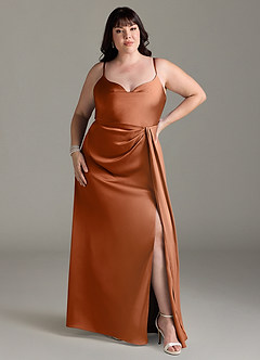 Azazie Brielle Bridesmaid Dresses Copper A-Line Cowl Spaghetti Straps Stretch Satin Dress image6