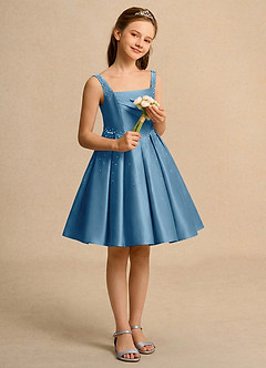 Azazie Jello Girls Formal Flower Girl Dresses Steel Blue Ball-Gown Pleated Matte Satin Dress image4