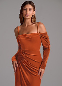 Azazie Hallie Bridesmaid Dresses Burnt Orange Mermaid Long Sleeve Velvet Convertible Dress image2
