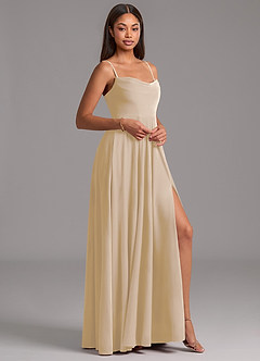 Azazie Elle Robes de demoiselle d'honneur Robe Trapèze en velours avec poches Champagne image7
