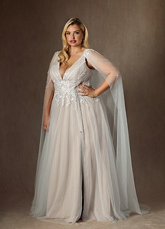 Azazie Goddess Vestidos de novia Vestido de Blanco Diamante Arena de Tul de Corte en A con Lentejuelas cuello pico image11