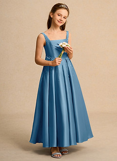 Azazie Mochi Girl vestidos de niña de las flores Vestido de Azul Acero de Satin Mate de Princesa con Plisado image4