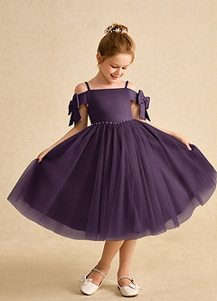 Azazie Amie Flower Girl Dresses Plum A-Line Off the Shoulder Matte Satin Dress image1