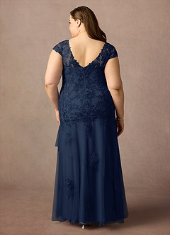 Azazie Romy vestidos de madre de la novia Vestido de Azul Marino Oscuro de Tul de Sirena con Cuello en V Lentejuelas image8