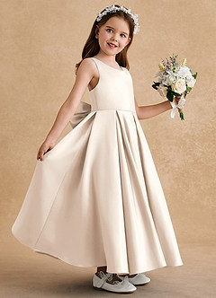 Azazie Honey Bear Flower Girl Dresses White Alabaster A-Line Pleated Matte Satin Dress image5