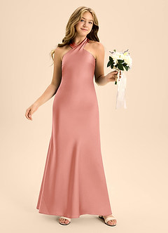 Azazie Doretta Junior Coral A-Line Pleated Stretch Satin Dress image5