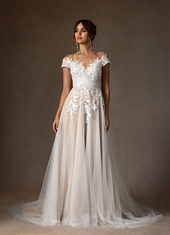 Azazie Cindy Wedding Dresses Diamond White Nude A-Line Illusion Off-The-Shouler Lace Tulle Dress image2