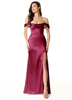Azazie Liv Bridesmaid Dresses Burgundy Sheath Off the Shoulder Metallic Satin Convertible Dress image1