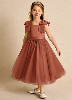 Azazie Serene Abiti da Ragazza di Fiori Abito Principessa in Raso Opaco Fiocco Auburn image1
