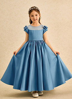 Azazie Toffee Abiti da Ragazza di Fiori Abito Stile Principessa in Raso Opaco Fiocco Blu Acciaio image2