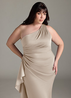 Azazie Latrice Bridesmaid Dresses Frost Sheath One Shoulder Cascading Ruffles Stretch Satin Dress image10
