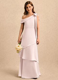 Azazie Shyloh Girls Formal Flower Girl Dresses Blushing Pink A-Line Off the Shoulder Stretch Satin Dress image4